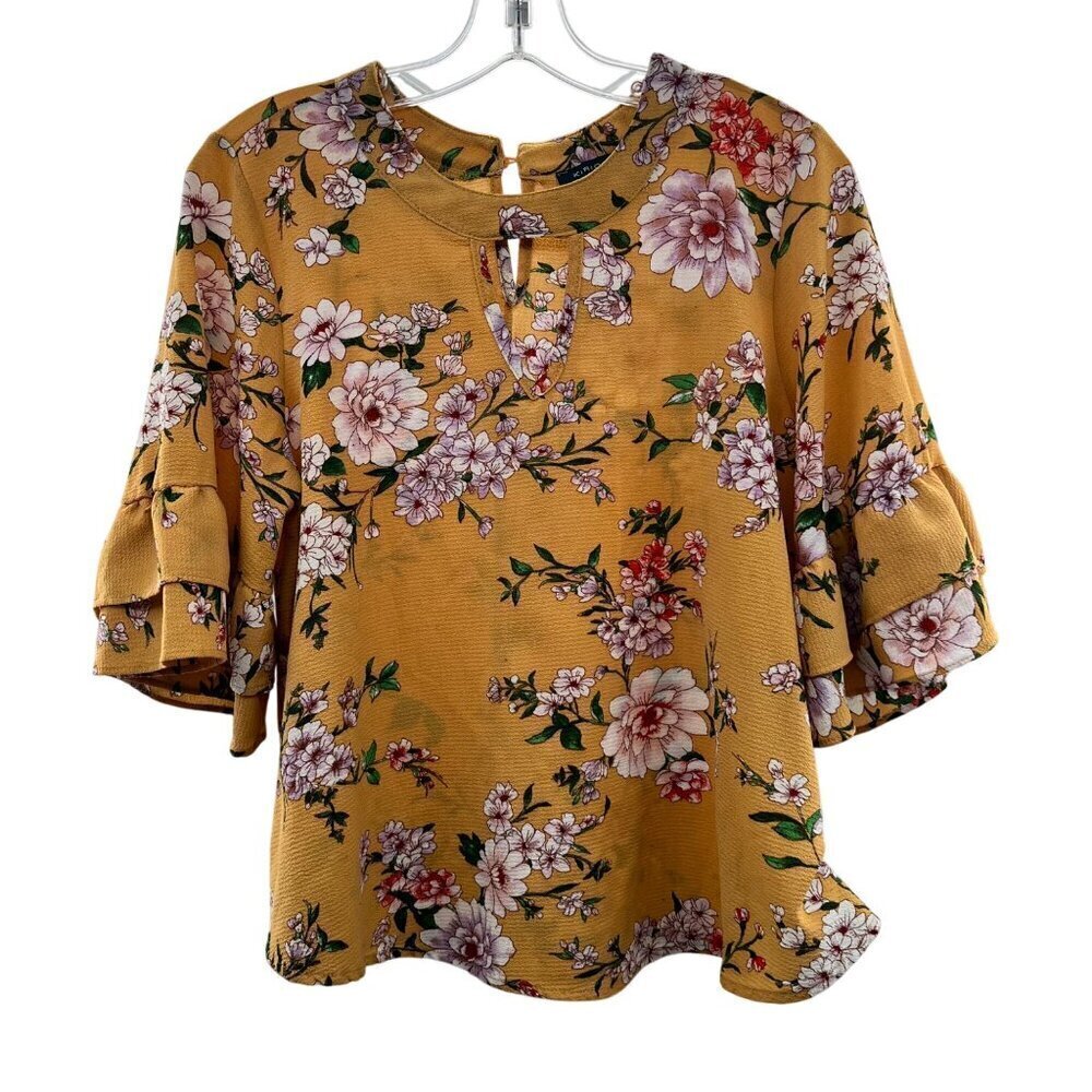 Kirious Women's Floral Cut Out Neck Top Mustard/Multi Short Ruffle Sleeve Large